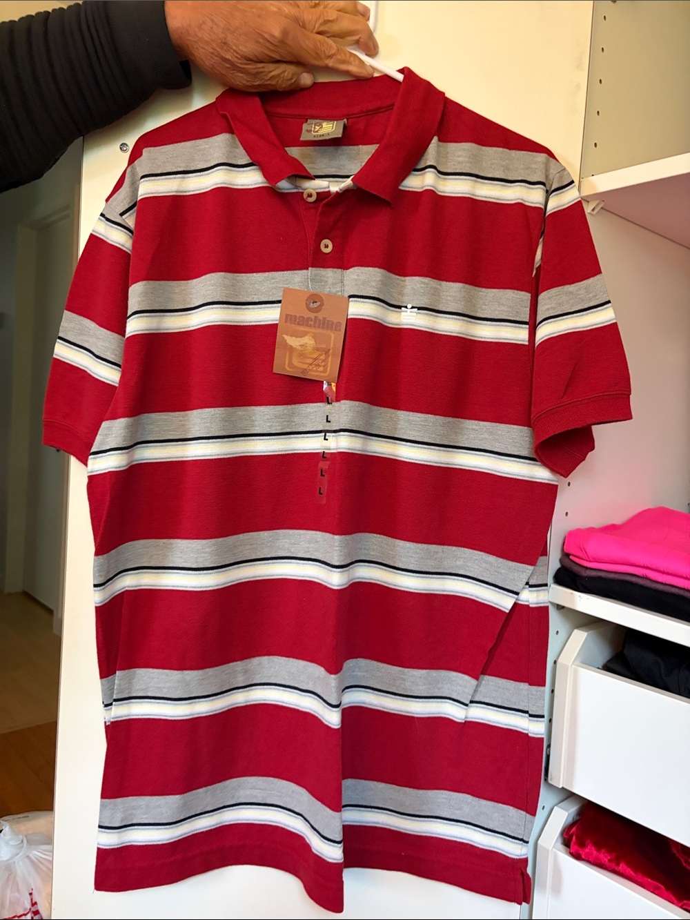 Machine Red Striped Polo with Gray and White Accents